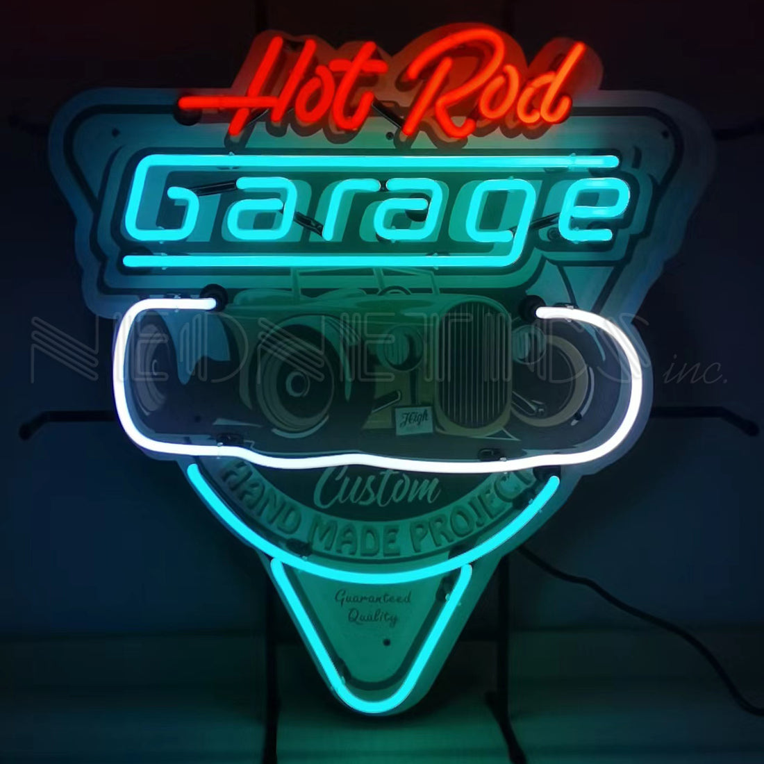 Hot Rod Garage Teal with Backing Neon Sign