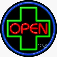 Open with Cross Logo Circle Shape Neon Sign