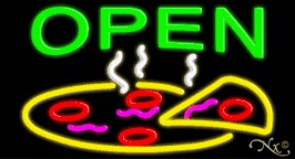 Open Neon Sign with Pizza